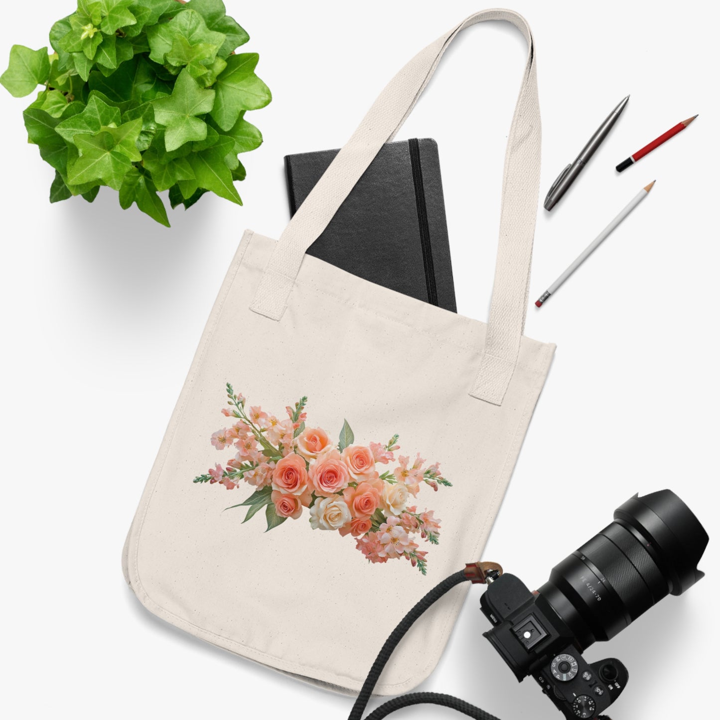 Flowers Peach Rose Floral Organic Canvas Tote Bag - Eco-Friendly Carryall for Everyday Use
