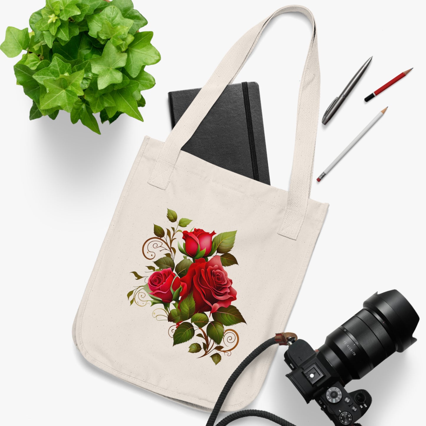 Flowers Roses With Swirls Floral Organic Canvas Tote Bag - Eco-Friendly Carryall for Everyday Use