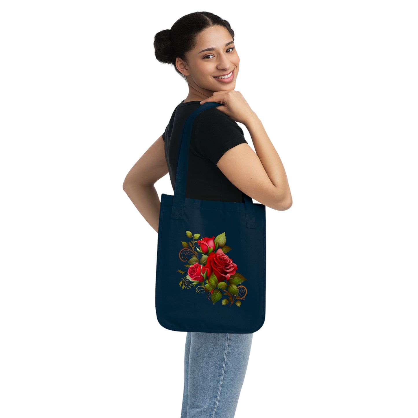 Flowers Roses With Swirls Floral Organic Canvas Tote Bag - Eco-Friendly Carryall for Everyday Use