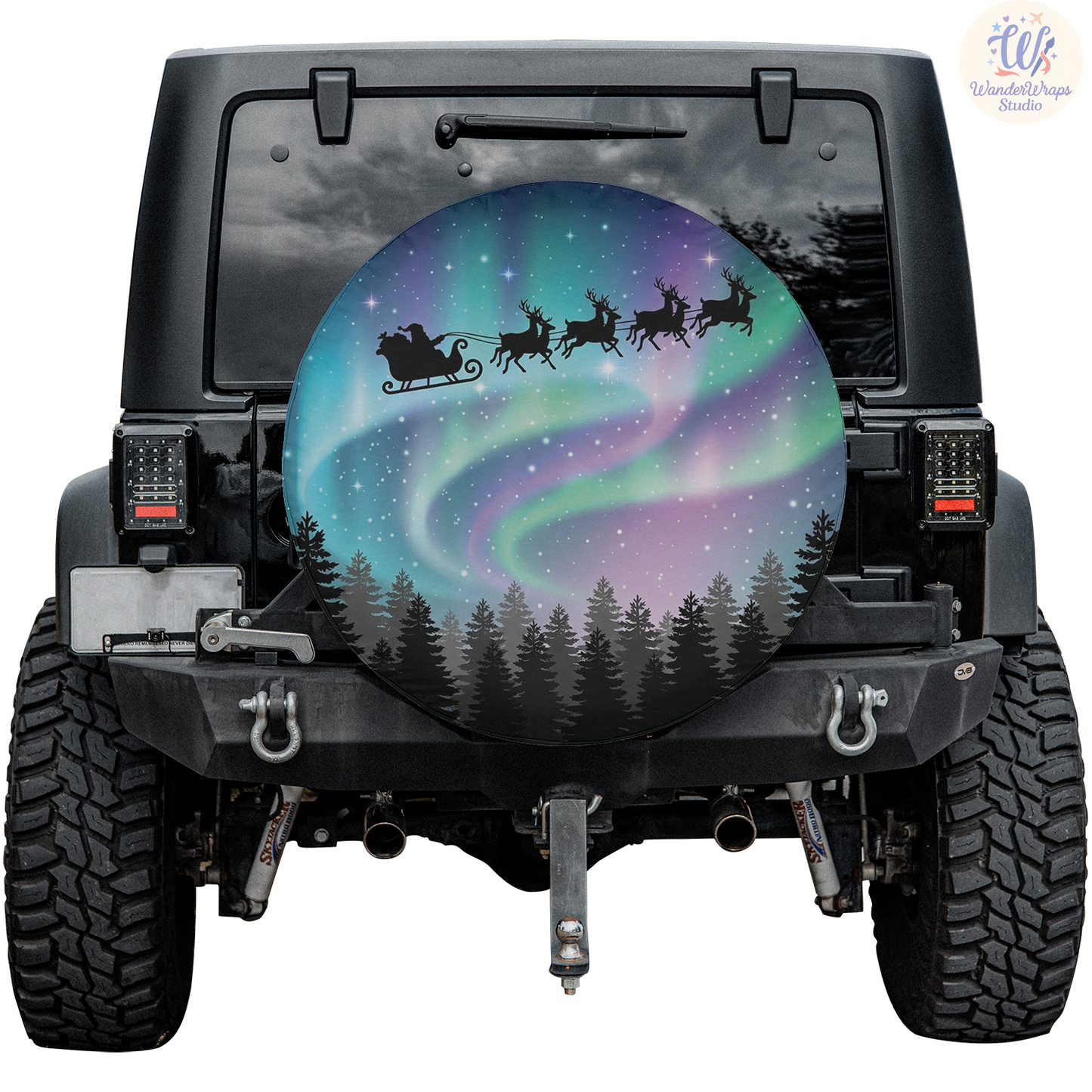 Santa Sleigh Above Northern Lights Spare Tire Cover – Waterproof UV Resistant Protector with Camera Hole