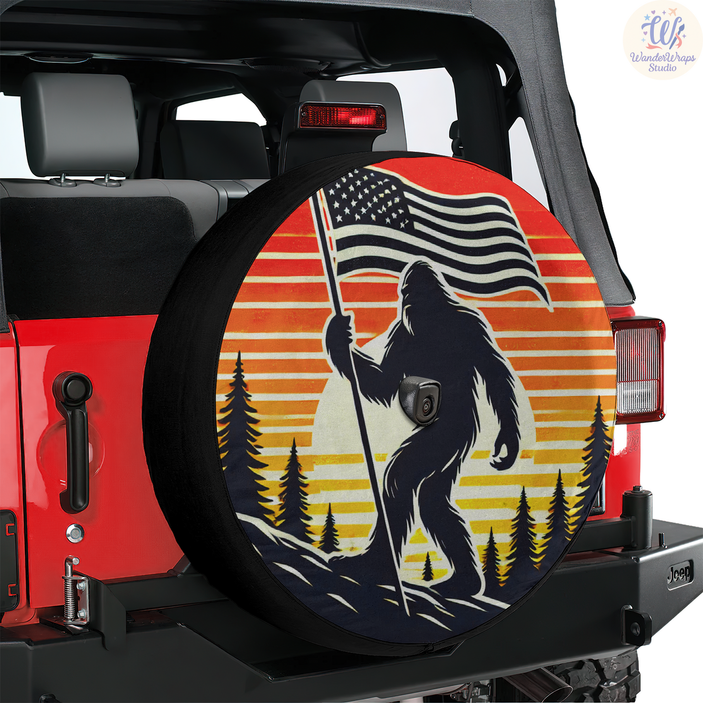 Big Foot American Flag Spare Tire Cover – Waterproof UV Resistant Protector with Camera Hole