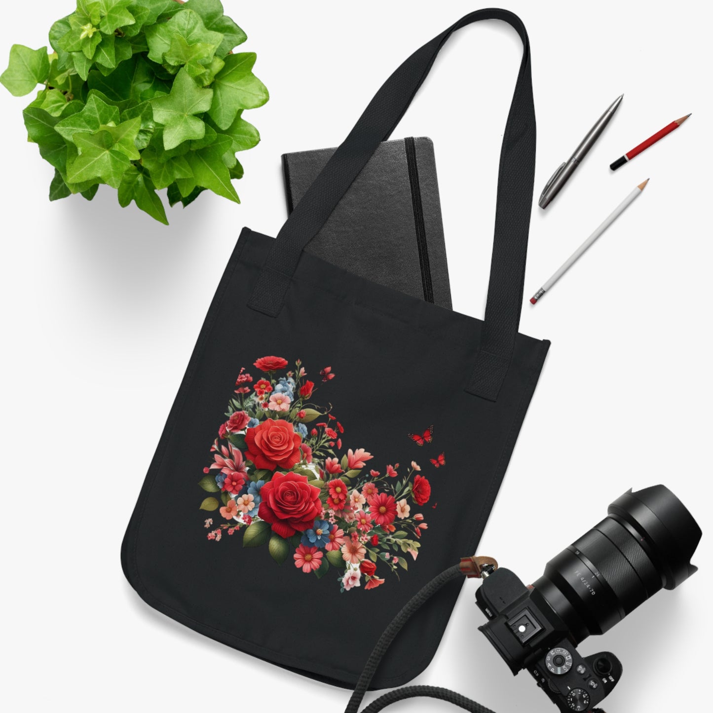 Flowers Red Rose Floral Organic Canvas Tote Bag - Eco-Friendly Carryall for Everyday Use