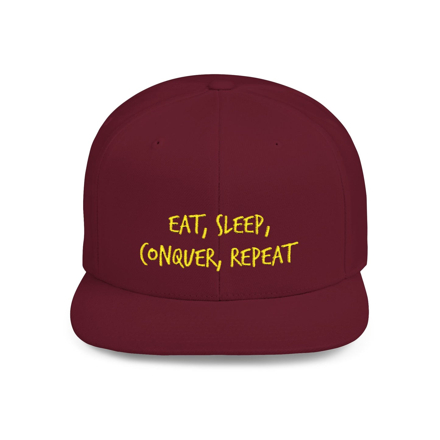 Text Eat Sleep Conquer Repeat Flat Bill Snapback – Lightweight, Custom Fit, Premium Quality