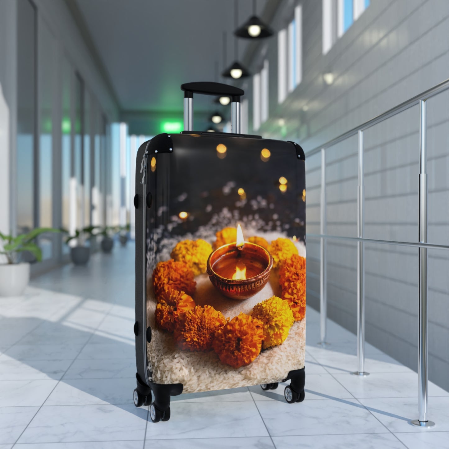 Nature Flowers Floral Lit Diya Surrounded Art Carry-On Suitcase - Stylish Luggage for Travelers
