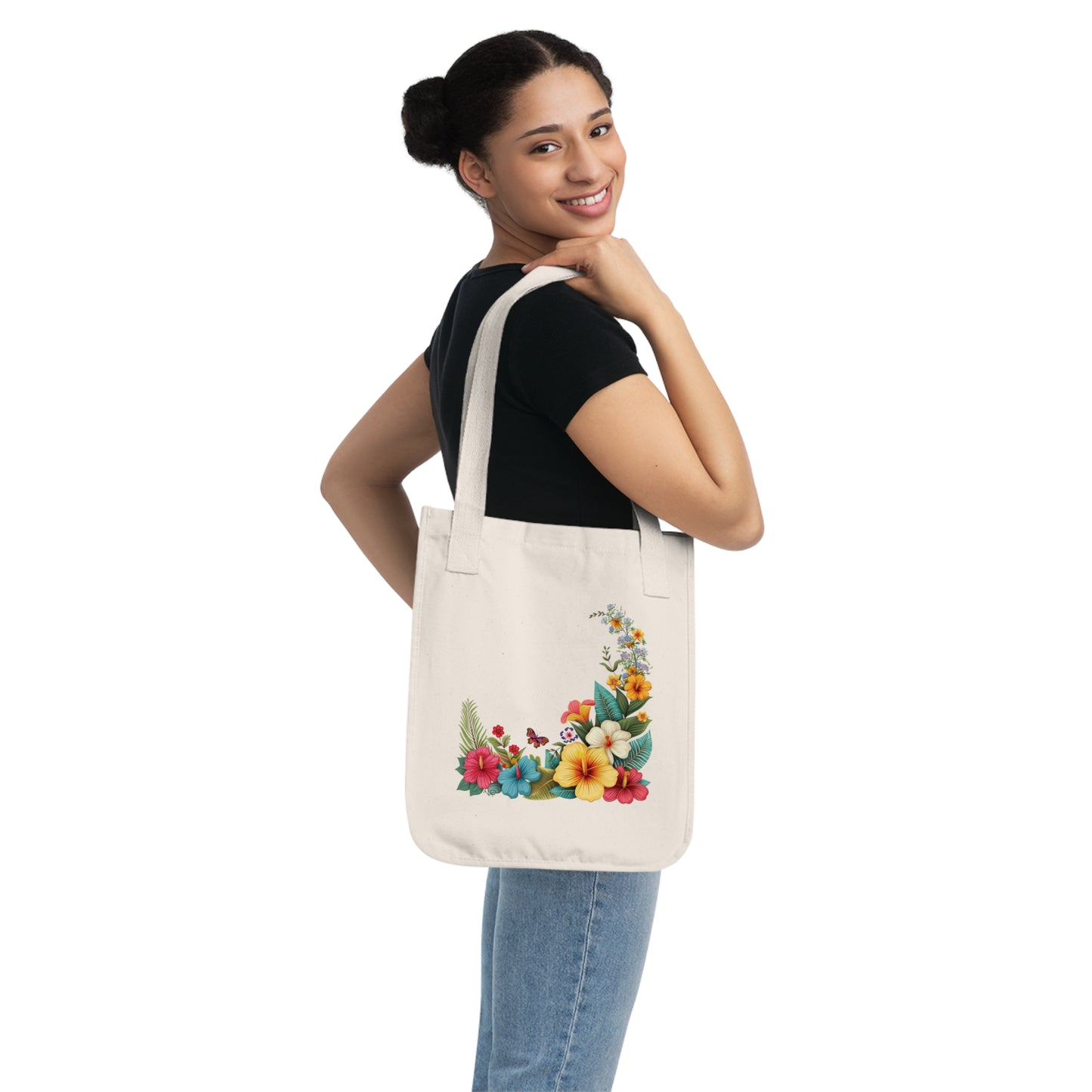 Flowers Cartoon Floral Organic Canvas Tote Bag – Eco-Friendly Shopping & Beach Accessory
