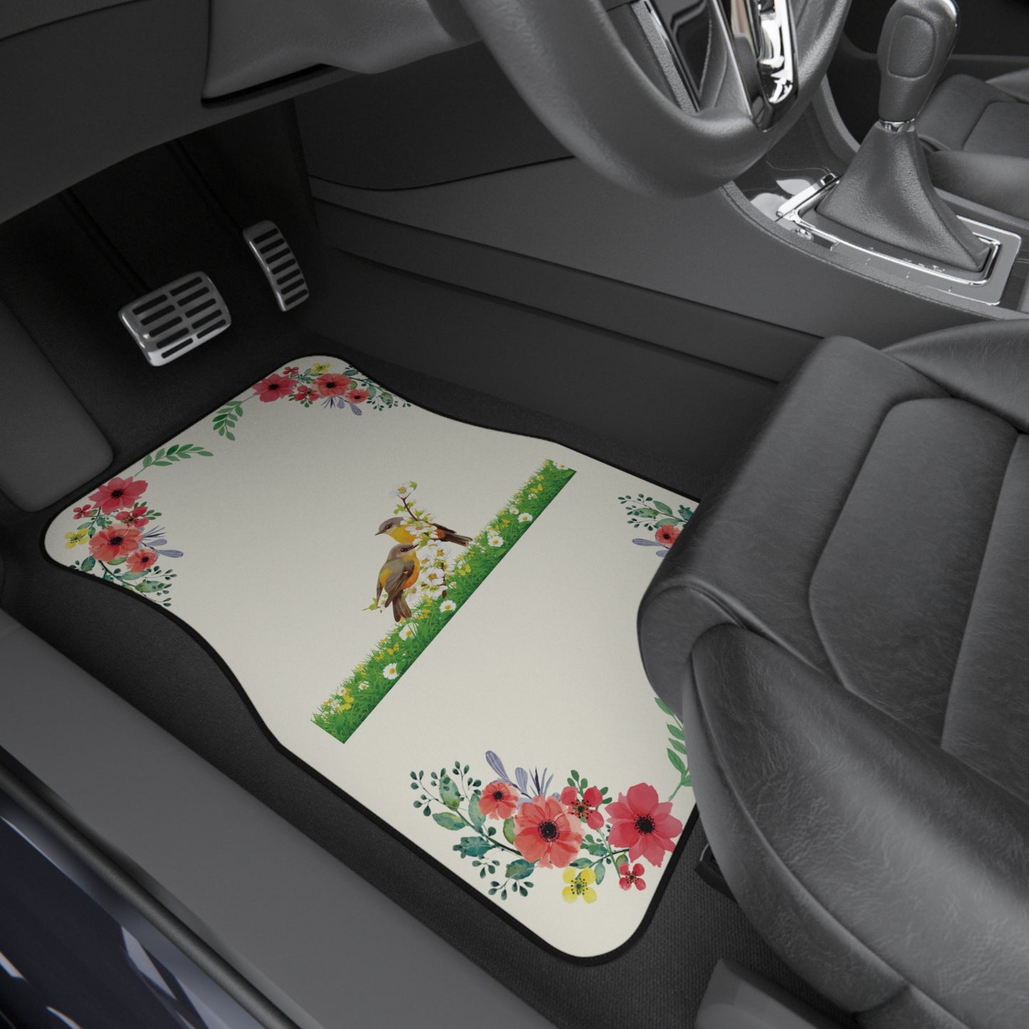 Flowers Birds Watercolor Car Floor Mats – 2-Piece Front Set, Durable & Stylish, Universal Fit