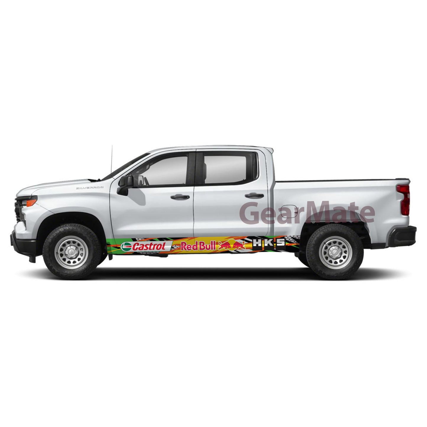 Racing Fire Yellow Green HKS Castrol Redbull Rocker Panel Graphic Decal Kit (Left & Right Sides) - High Quality Vinyl for Trucks & SUVs