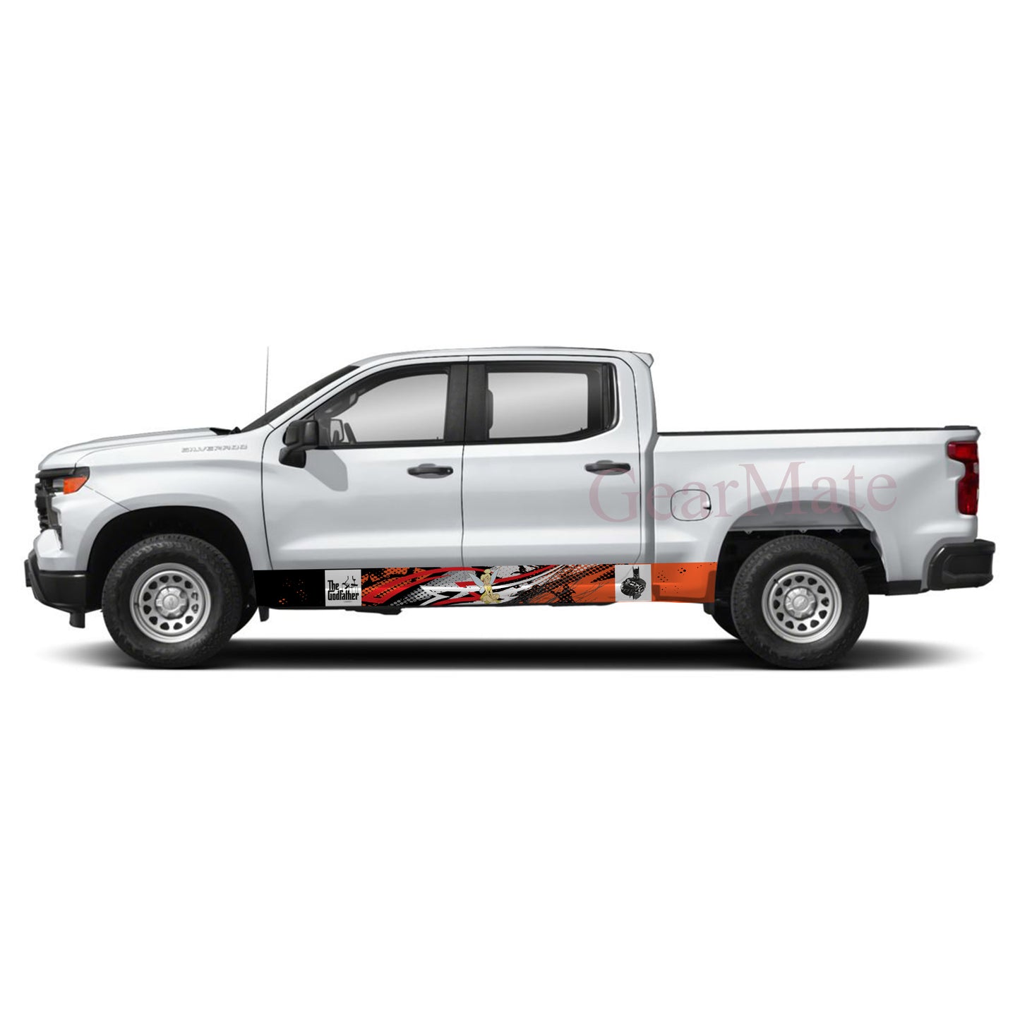 Racing Sport Stripe Orange The God Father Rocker Panel Graphic Decal Kit (Left & Right Sides) - High Quality Vinyl for Trucks & SUVs