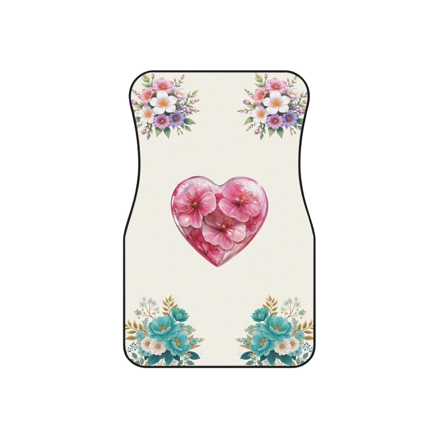 Flowers Heart Bouquet Green Car Floor Mats – 2-Piece Front Set, Durable & Stylish, Universal Fit