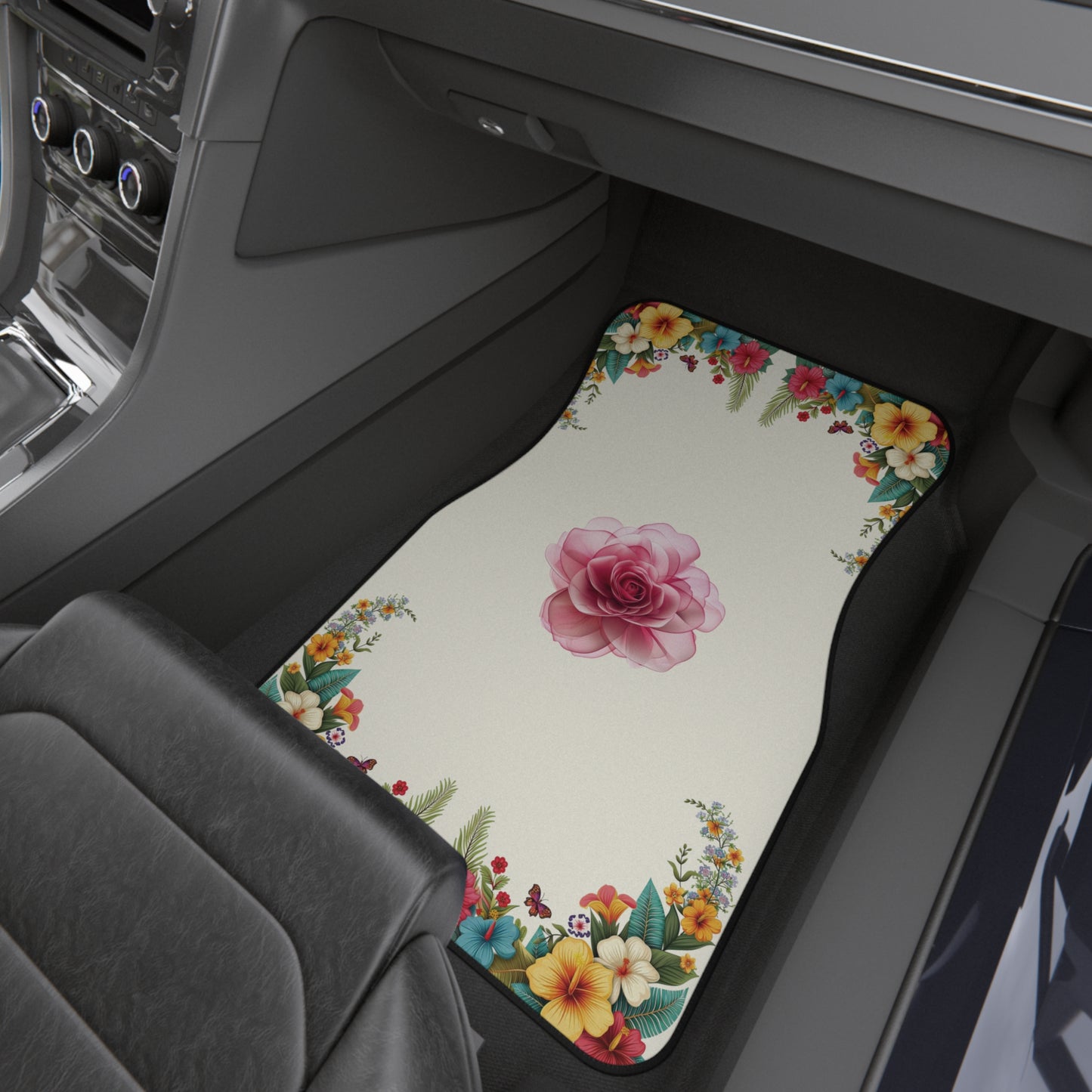 Flowers Pink Rose Cartoon Flowers Car Floor Mats – 2-Piece Front Set, Durable & Stylish, Universal Fit