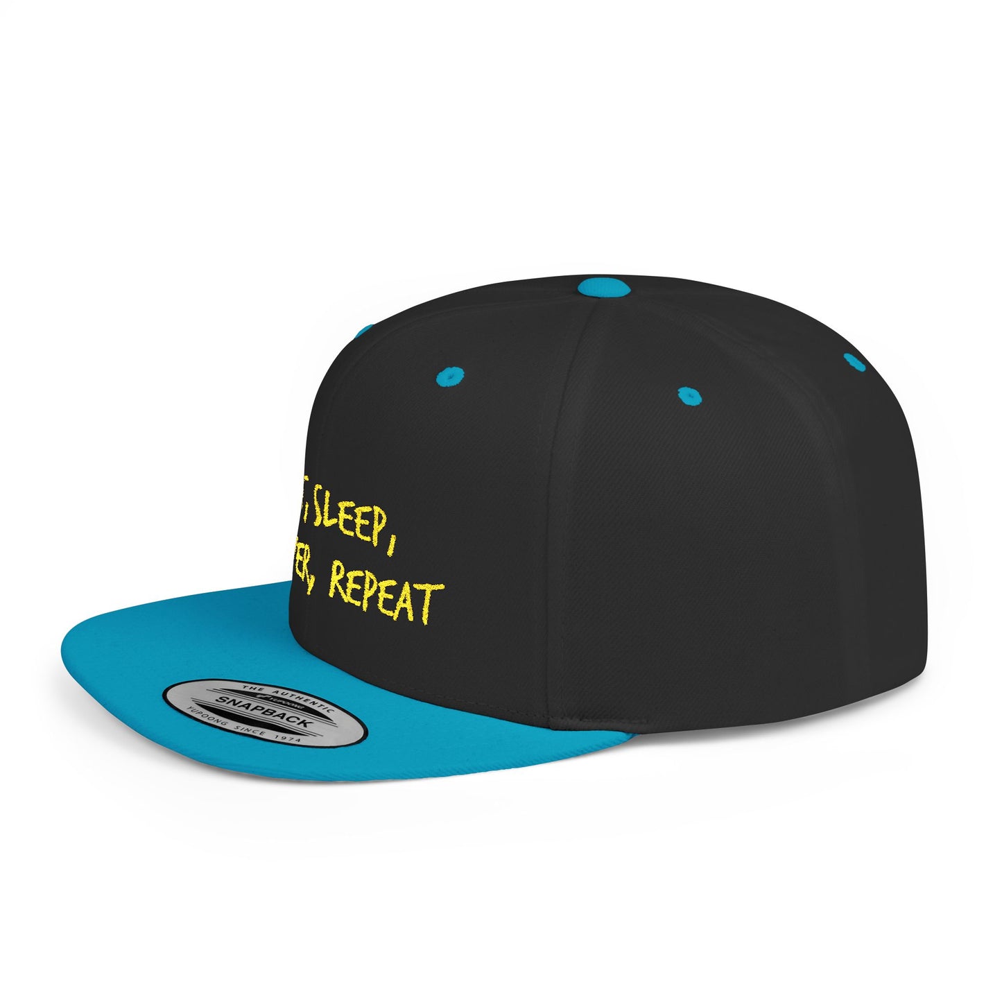 Text Eat Sleep Conquer Repeat Flat Bill Snapback – Lightweight, Custom Fit, Premium Quality