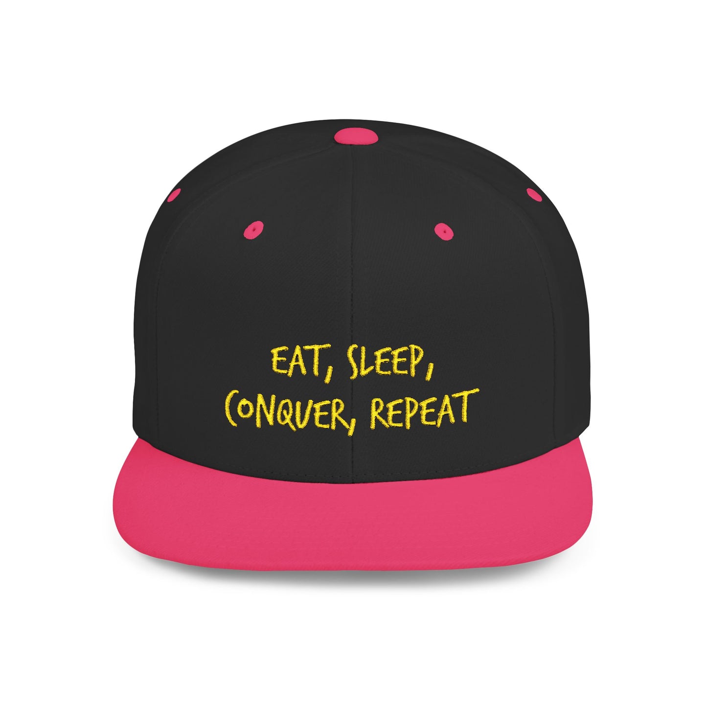 Text Eat Sleep Conquer Repeat Flat Bill Snapback – Lightweight, Custom Fit, Premium Quality