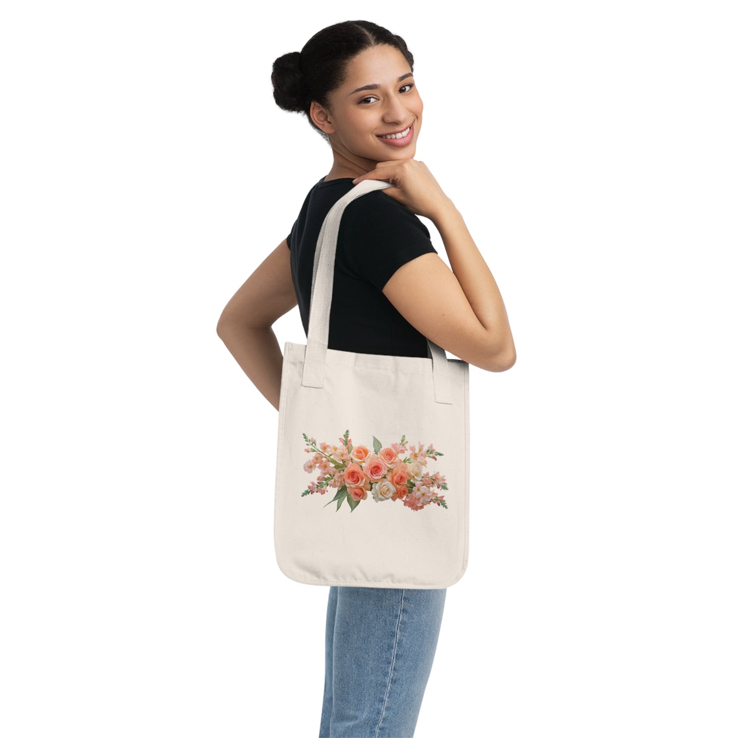Flowers Peach Rose Floral Organic Canvas Tote Bag - Eco-Friendly Carryall for Everyday Use