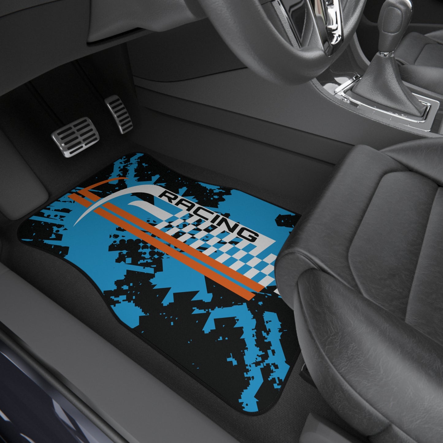 Sport Racing Stripe Blue Car Floor Mats – 2-Piece Front Set, Durable & Stylish, Universal Fit