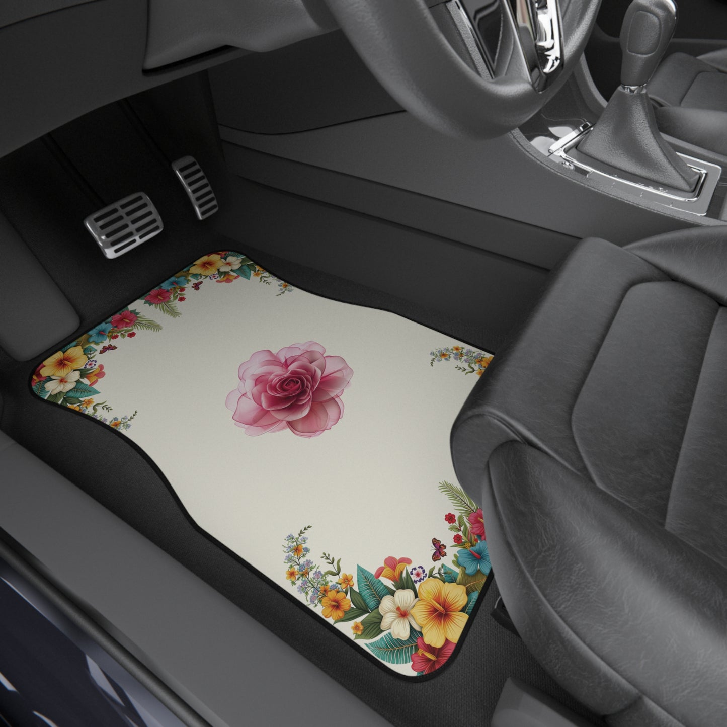 Flowers Pink Rose Cartoon Flowers Car Floor Mats – 2-Piece Front Set, Durable & Stylish, Universal Fit