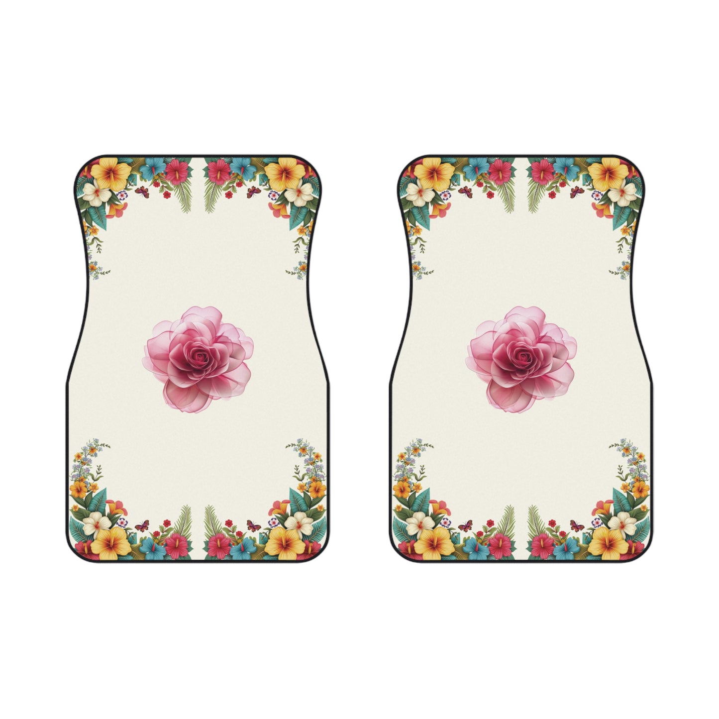 Flowers Pink Rose Cartoon Flowers Car Floor Mats – 2-Piece Front Set, Durable & Stylish, Universal Fit