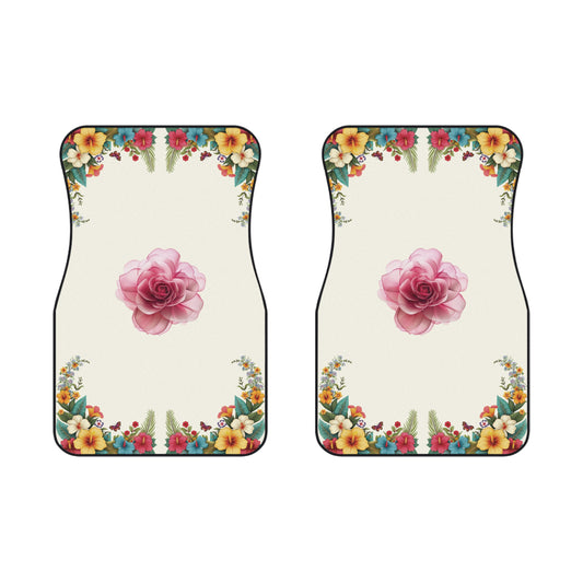 Flowers Pink Rose Cartoon Flowers Car Floor Mats – 2-Piece Front Set, Durable & Stylish, Universal Fit