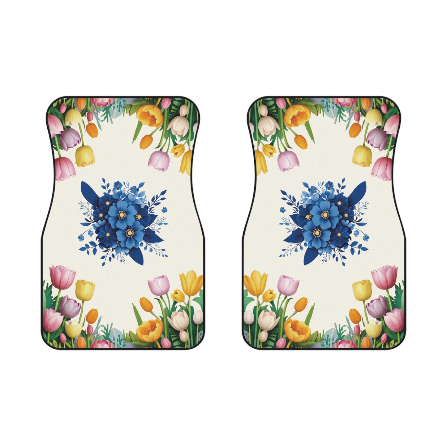 Flowers Blue Tulip Background Car Floor Mats – 2-Piece Front Set, Durable & Stylish, Universal Fit