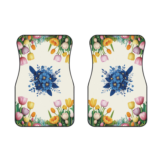 Flowers Blue Tulip Background Car Floor Mats – 2-Piece Front Set, Durable & Stylish, Universal Fit