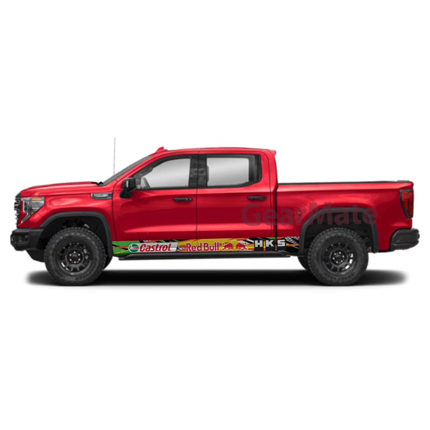 Racing Fire Yellow Green HKS Castrol Redbull Rocker Panel Graphic Decal Kit (Left & Right Sides) - High Quality Vinyl for Trucks & SUVs