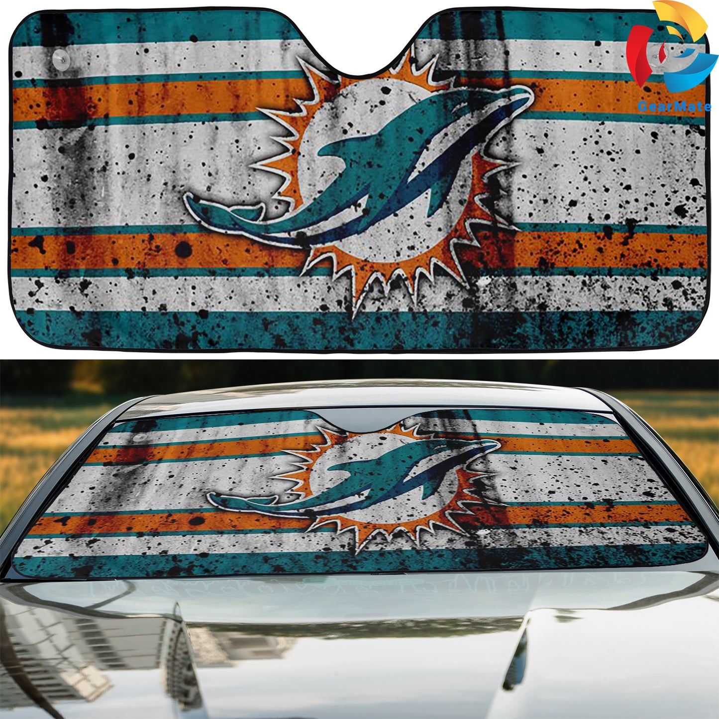 Miami Dolphins NFL Football Team Grunge Style Cover Reflective Car Sunshade – Premium Heat & UV Protection, Universal Fit