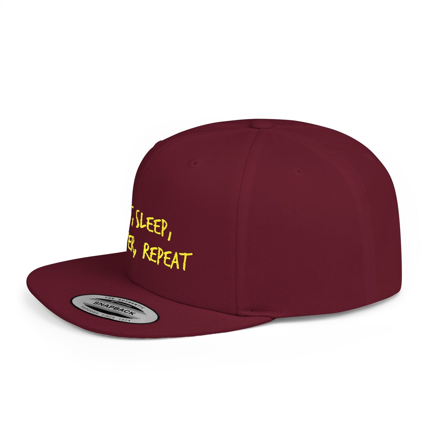 Text Eat Sleep Conquer Repeat Flat Bill Snapback – Lightweight, Custom Fit, Premium Quality