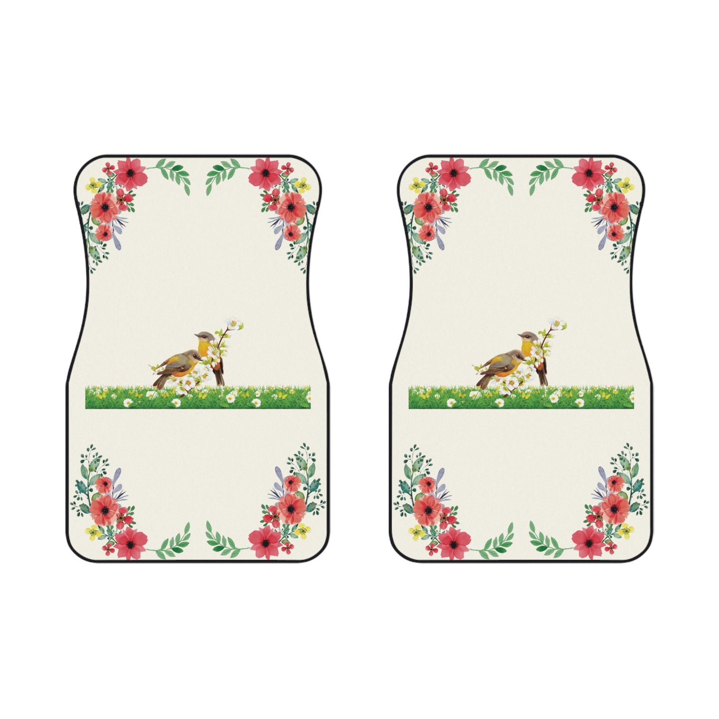 Flowers Birds Watercolor Car Floor Mats – 2-Piece Front Set, Durable & Stylish, Universal Fit