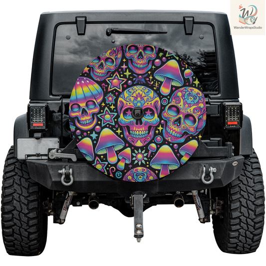 Psychedelic Skull and Mushroom Variations Spare Tire Cover – Waterproof UV Resistant Protector with Camera Hole