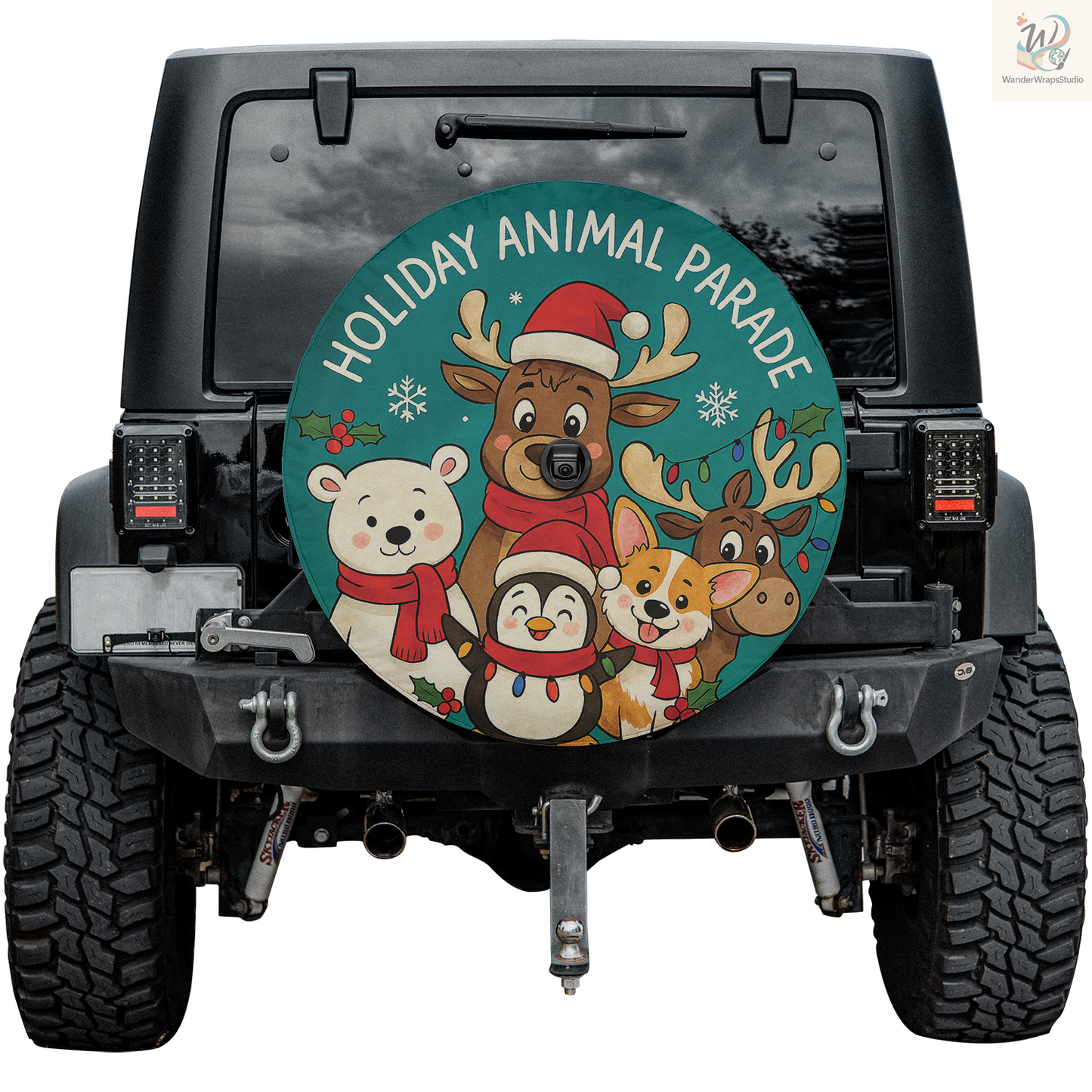 Holiday Animal Parade Spare Tire Cover – Waterproof UV Resistant Protector with Camera Hole