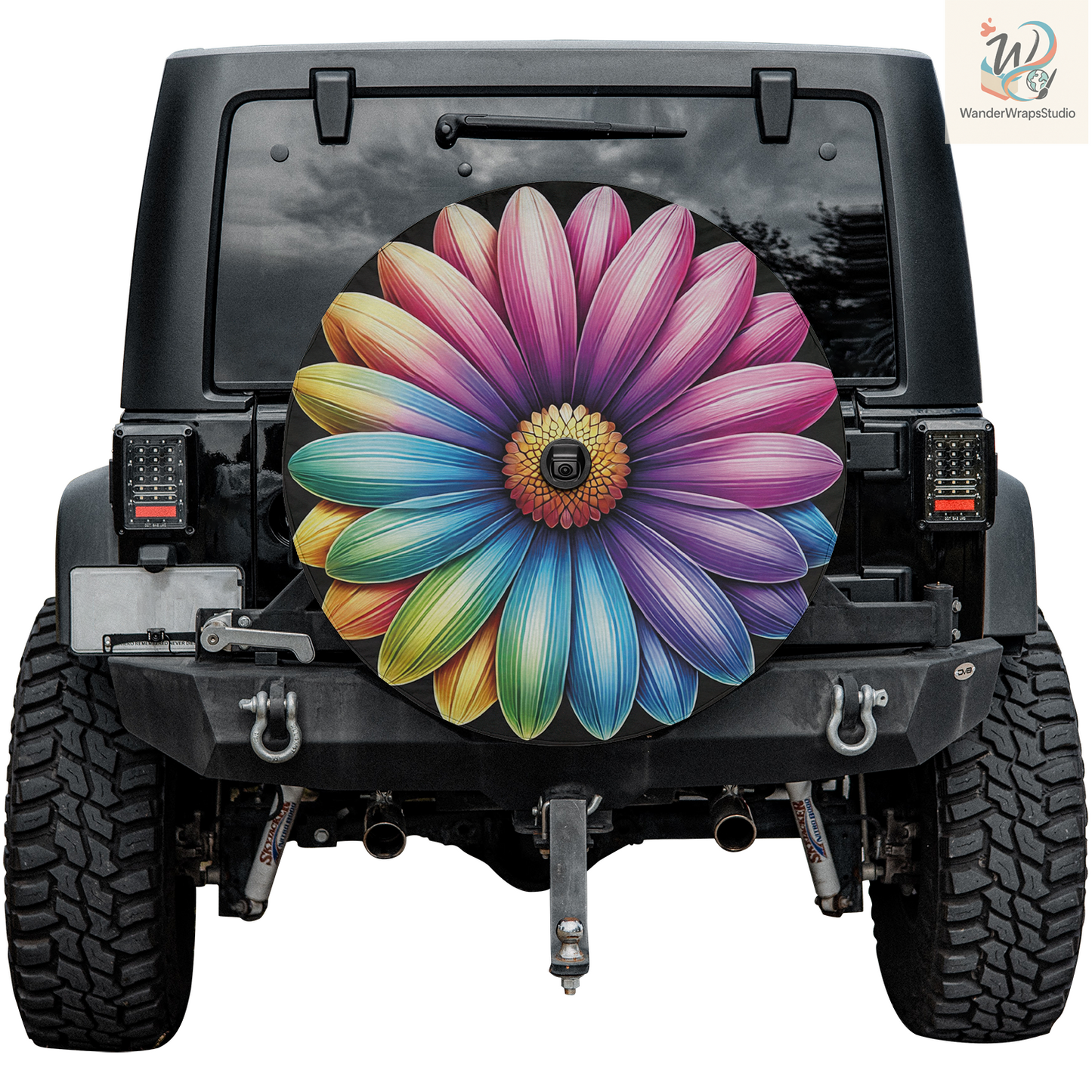 Rainbow Daisy Spare Tire Cover – Waterproof UV Resistant Protector with Camera Hole