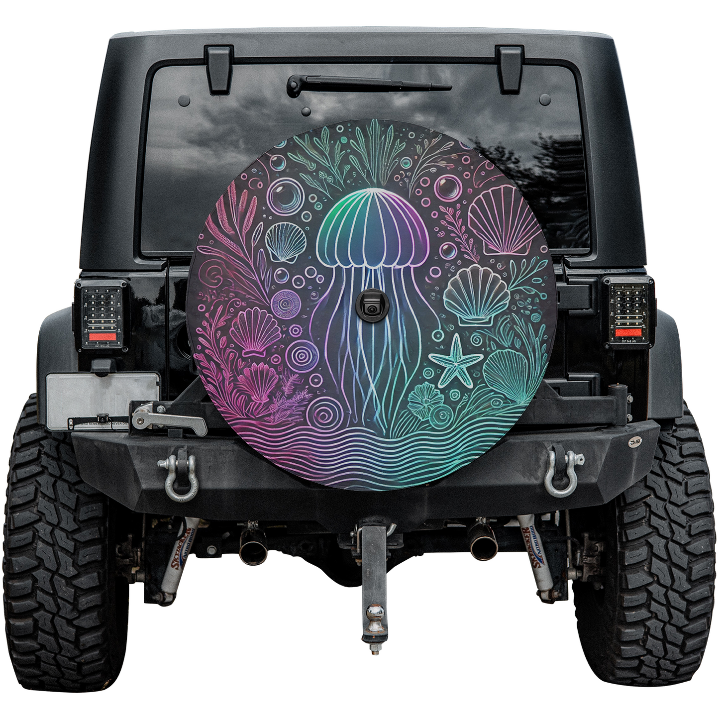 Jellyfish and Seashells Spare Tire Cover – Waterproof UV Resistant Protector with Camera Hole