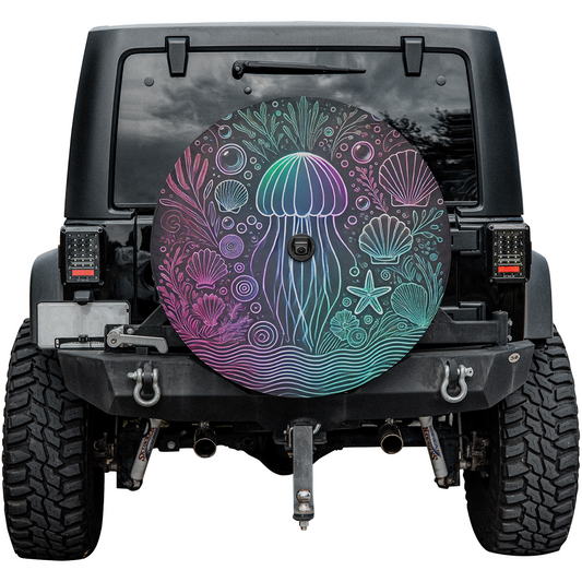 Jellyfish and Seashells Spare Tire Cover – Waterproof UV Resistant Protector with Camera Hole