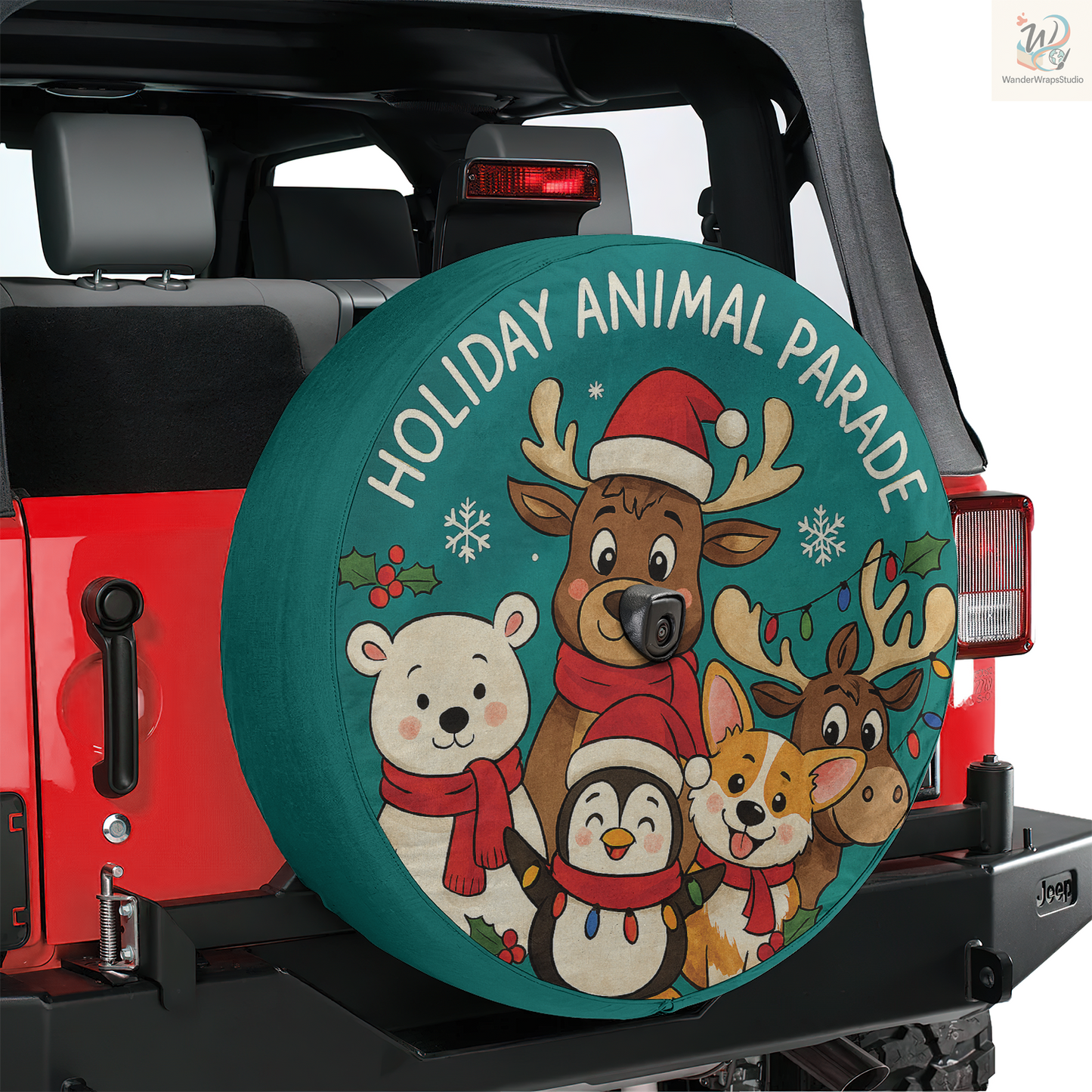 Holiday Animal Parade Spare Tire Cover – Waterproof UV Resistant Protector with Camera Hole