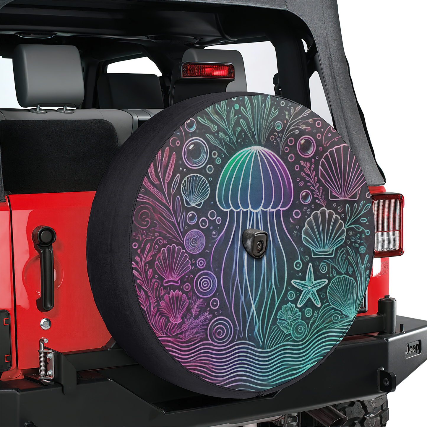 Jellyfish and Seashells Spare Tire Cover – Waterproof UV Resistant Protector with Camera Hole