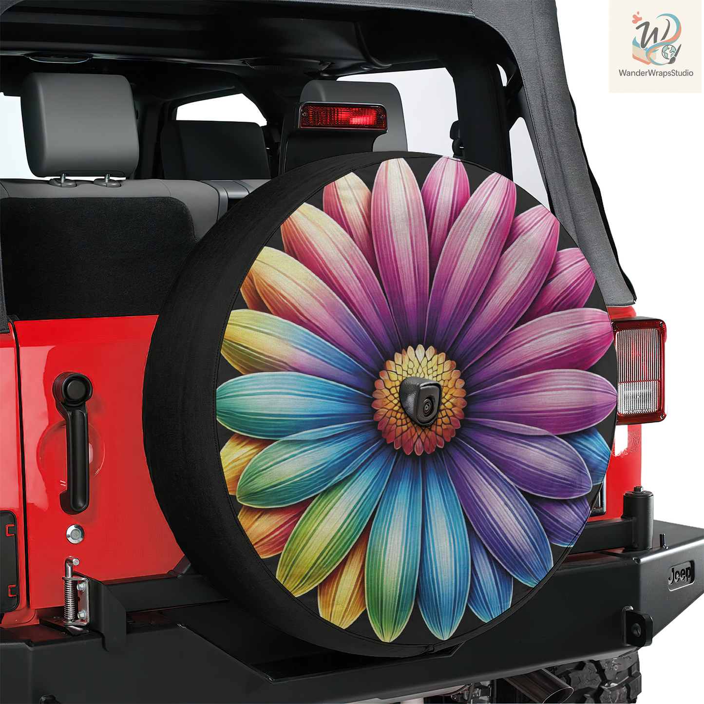 Rainbow Daisy Spare Tire Cover – Waterproof UV Resistant Protector with Camera Hole