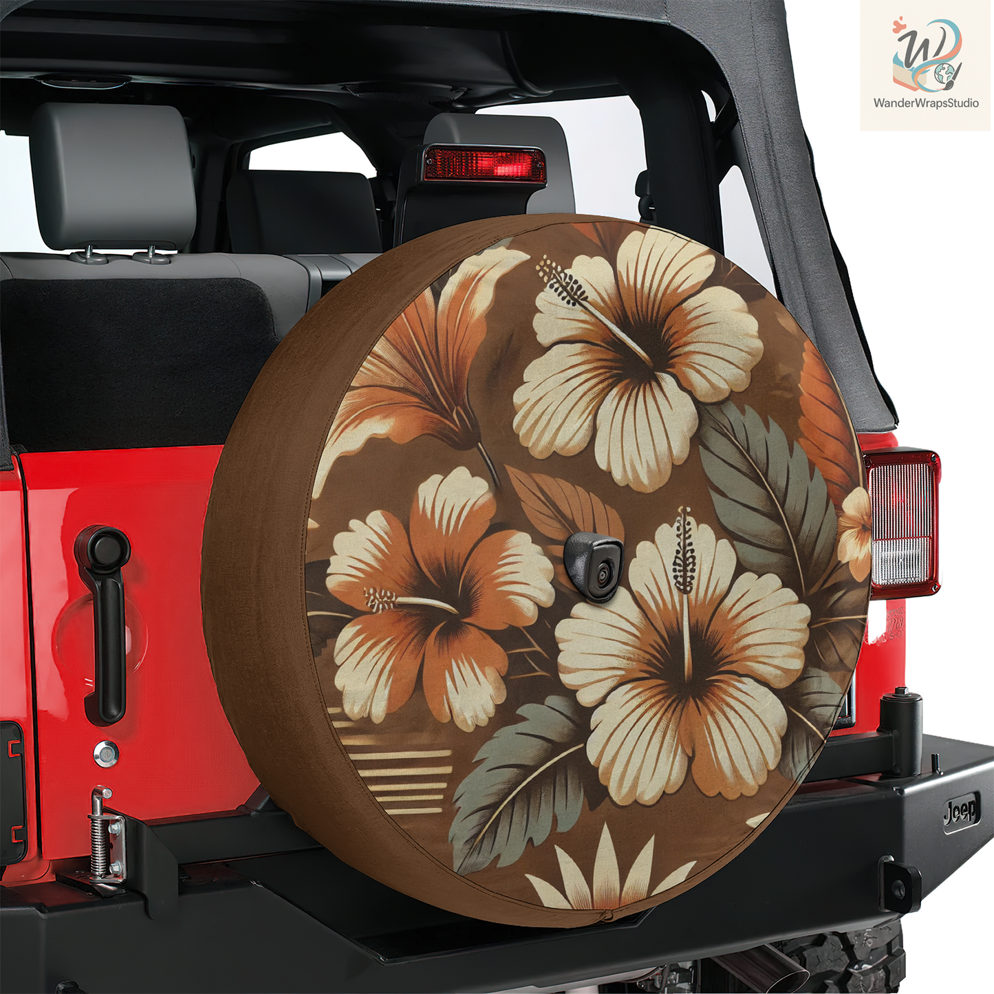 Retro Hibiscus Spare Tire Cover – Waterproof UV Resistant Protector with Camera Hole
