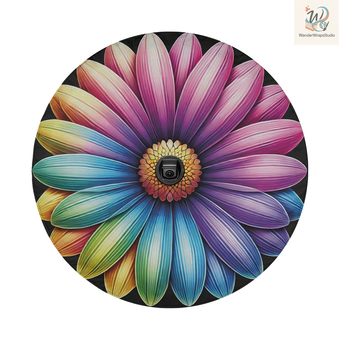 Rainbow Daisy Spare Tire Cover – Waterproof UV Resistant Protector with Camera Hole