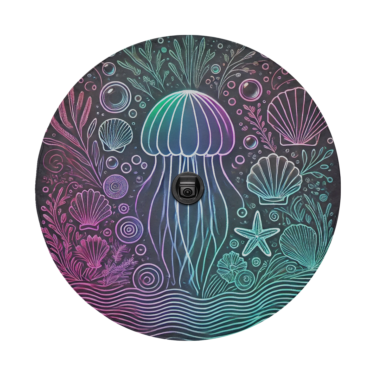 Jellyfish and Seashells Spare Tire Cover – Waterproof UV Resistant Protector with Camera Hole