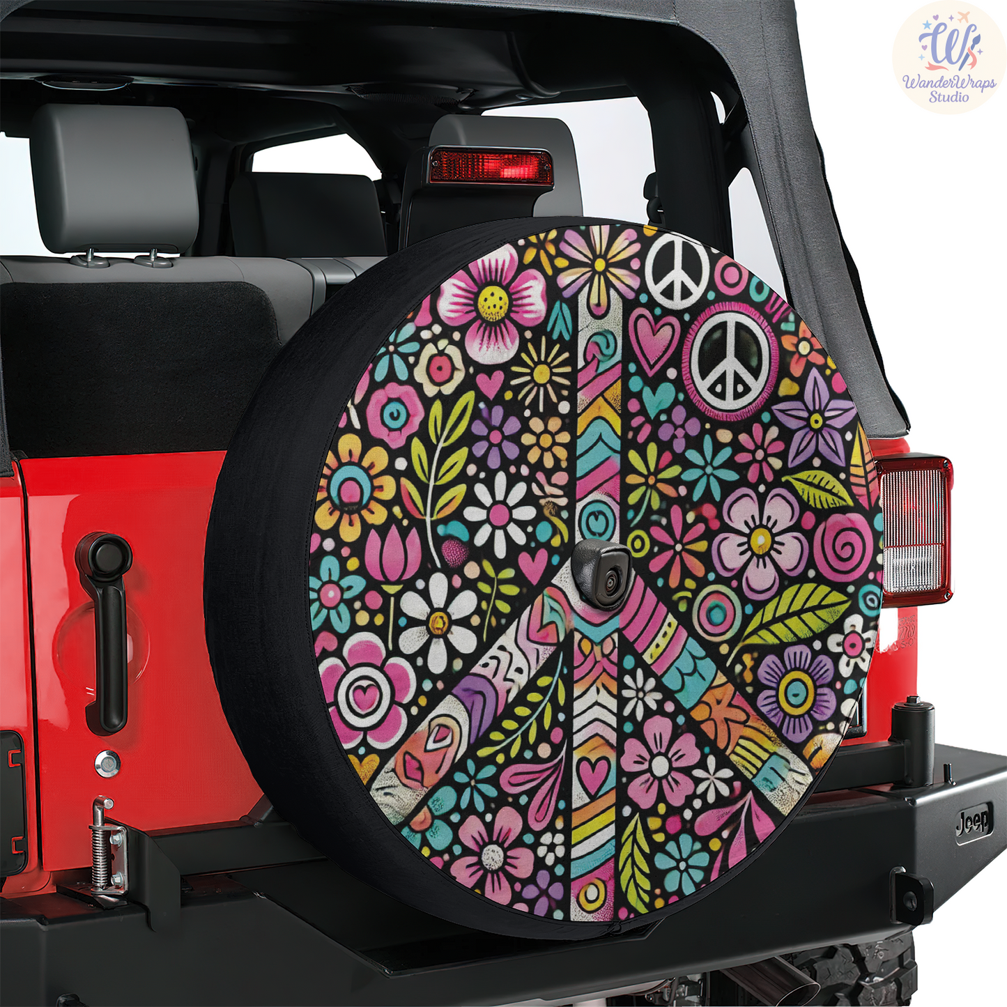 Colorful Retro Peace Spare Tire Cover – Waterproof UV Resistant Protector with Camera Hole