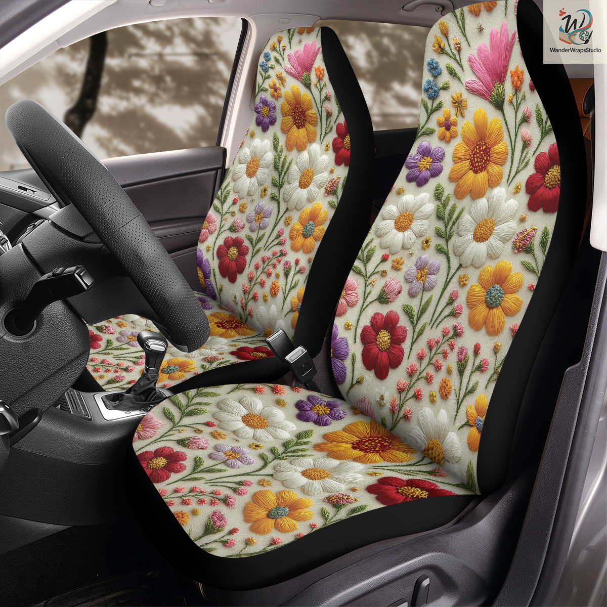 Wildflowers Faux Embriodery 2 Car Seat Covers – High Quality Graphic and Polar Fleece Protector Set