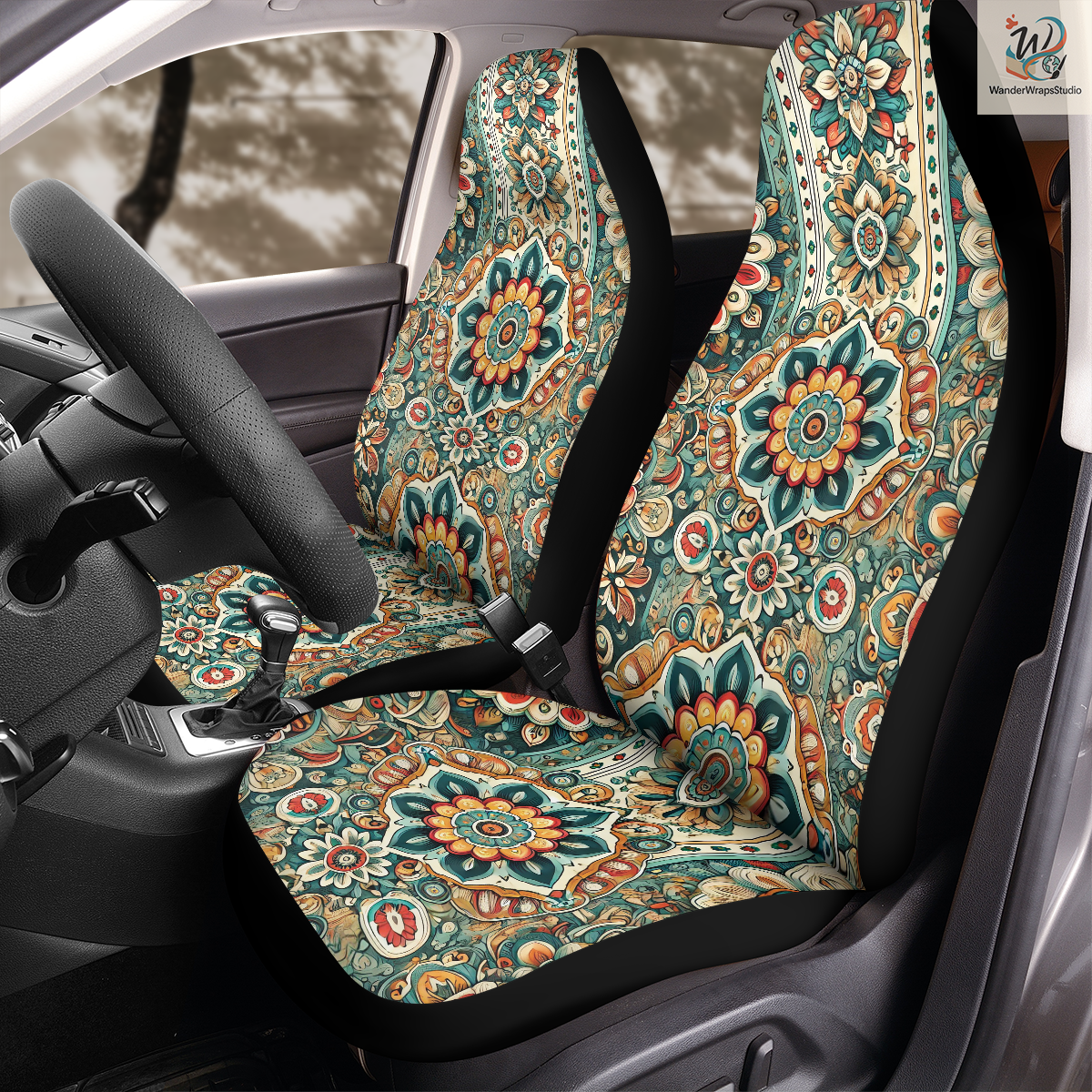 Mandala Inspired Pattern Car Seat Covers – High Quality Graphic and Polar Fleece Protector Set