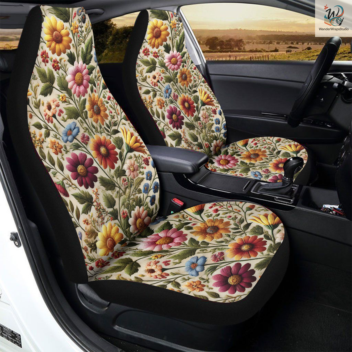 Wildflowers Faux Embriodery 3 Car Seat Covers – High Quality Graphic and Polar Fleece Protector Set