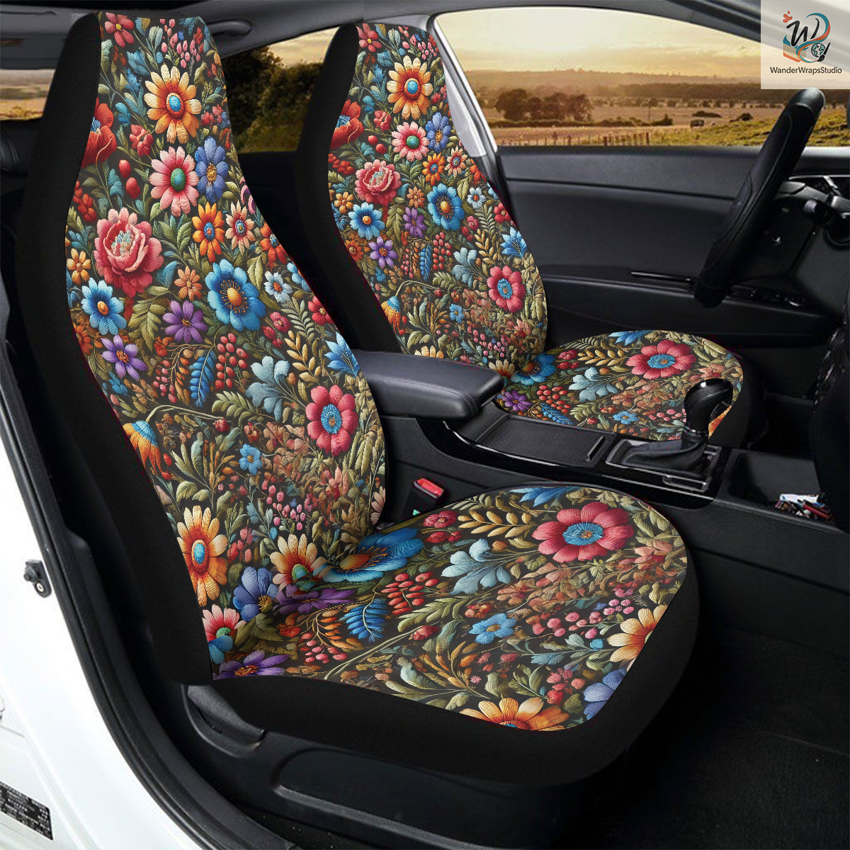 Colorful Wildflowers Faux Embriodery Car Seat Covers – High Quality Graphic and Polar Fleece Protector Set