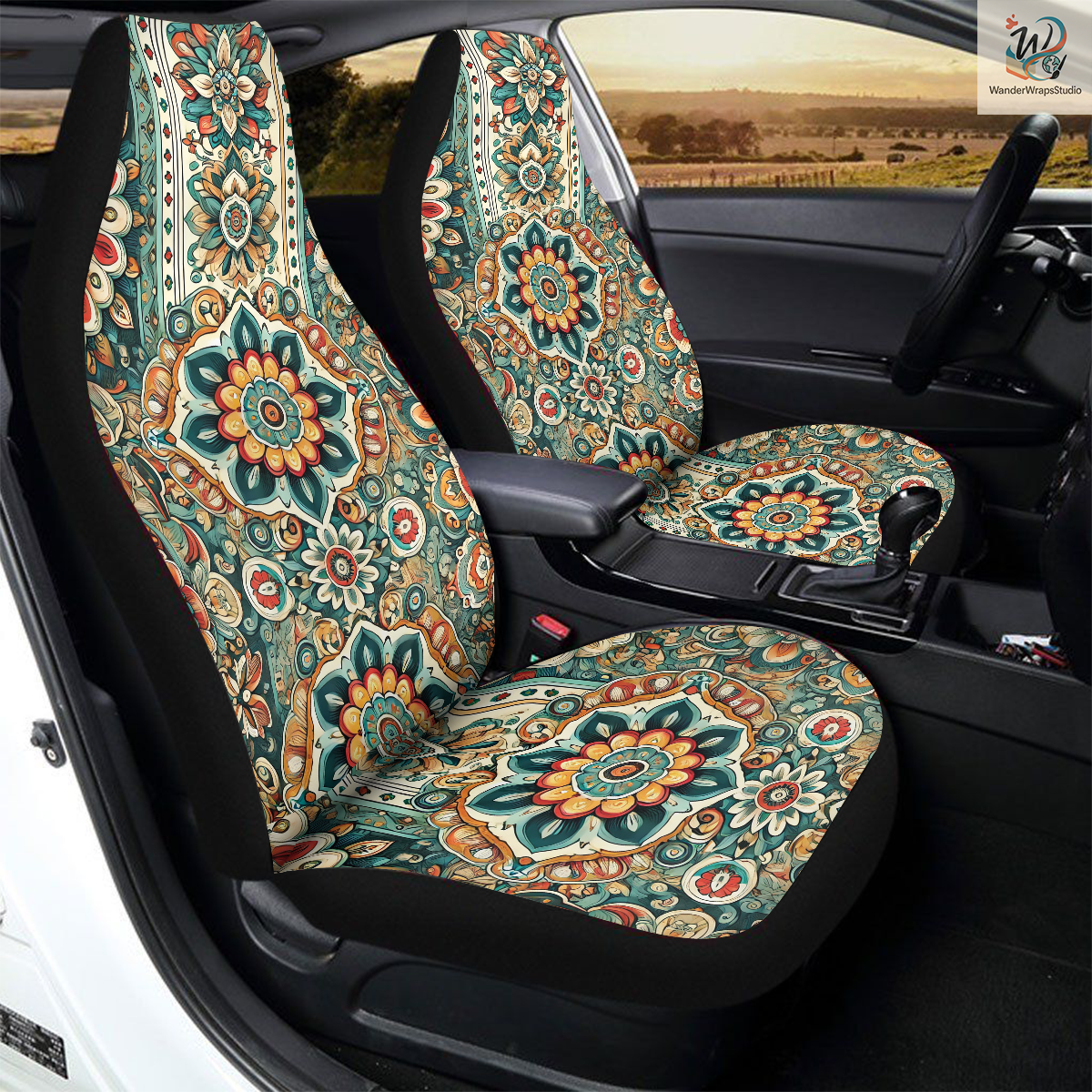 Mandala Inspired Pattern Car Seat Covers – High Quality Graphic and Polar Fleece Protector Set