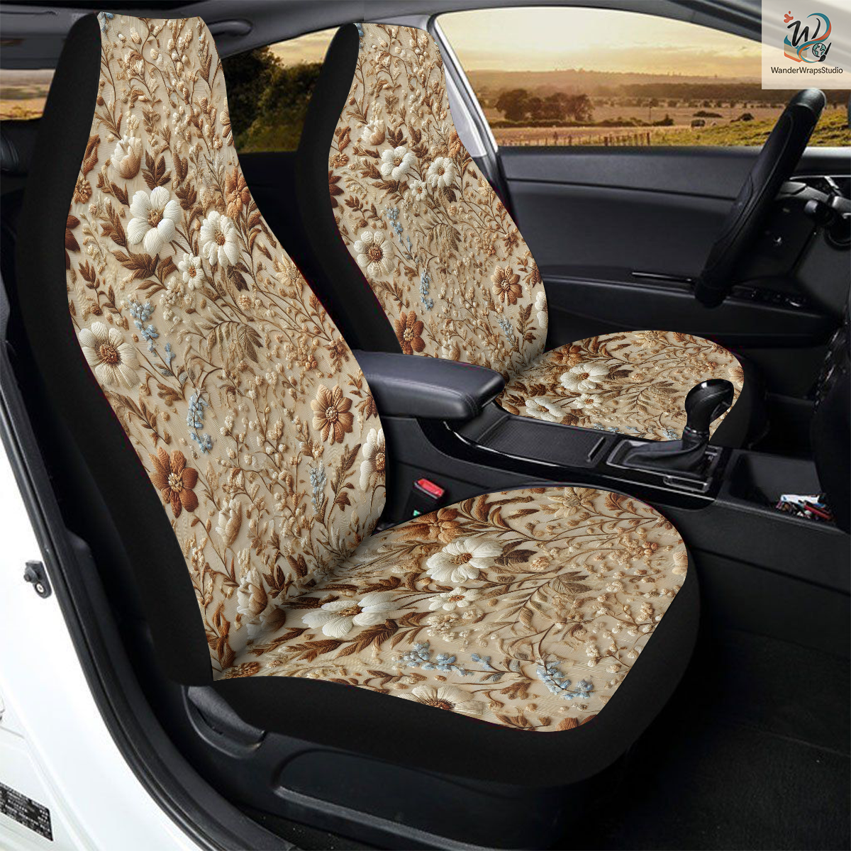 Flowers and Leaves Faux Embriodery Car Seat Covers – High Quality Graphic and Polar Fleece Protector Set