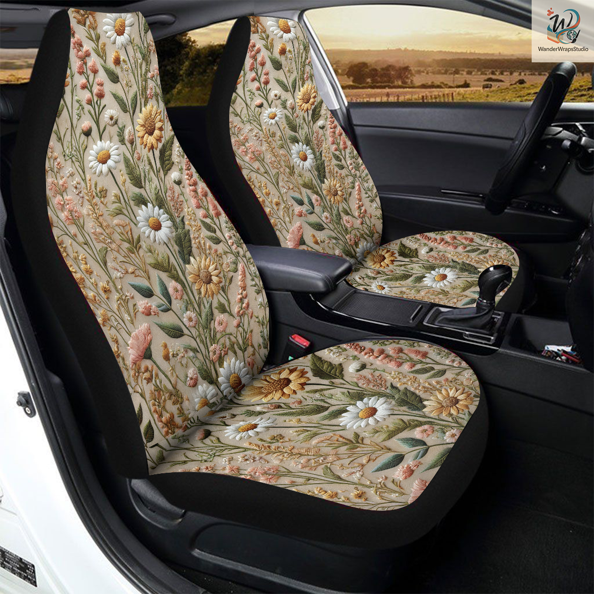 Wildflowers Faux Embriodery Car Seat Covers – High Quality Graphic and Polar Fleece Protector Set