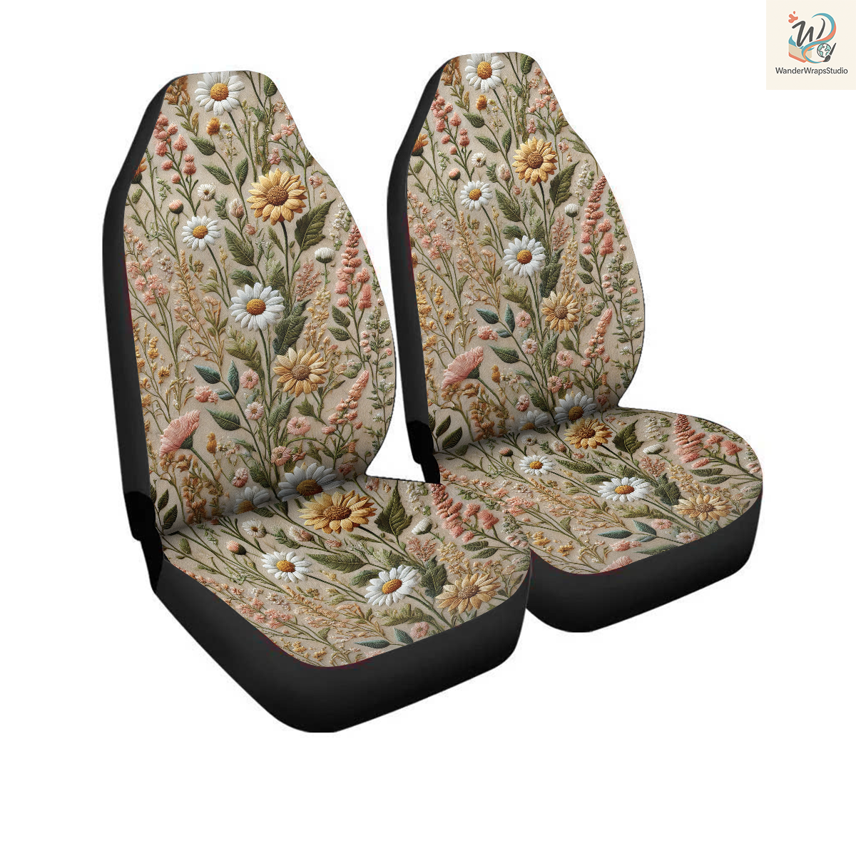 Wildflowers Faux Embriodery Car Seat Covers – High Quality Graphic and Polar Fleece Protector Set