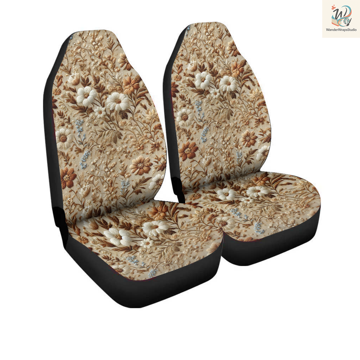 Flowers and Leaves Faux Embriodery Car Seat Covers – High Quality Graphic and Polar Fleece Protector Set