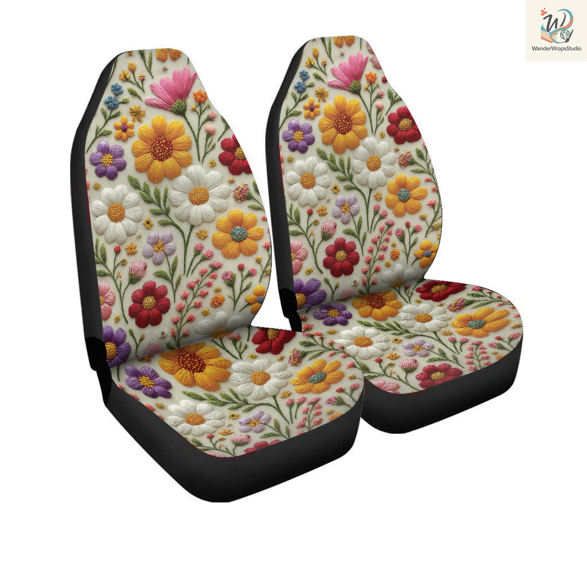 Wildflowers Faux Embriodery 2 Car Seat Covers – High Quality Graphic and Polar Fleece Protector Set