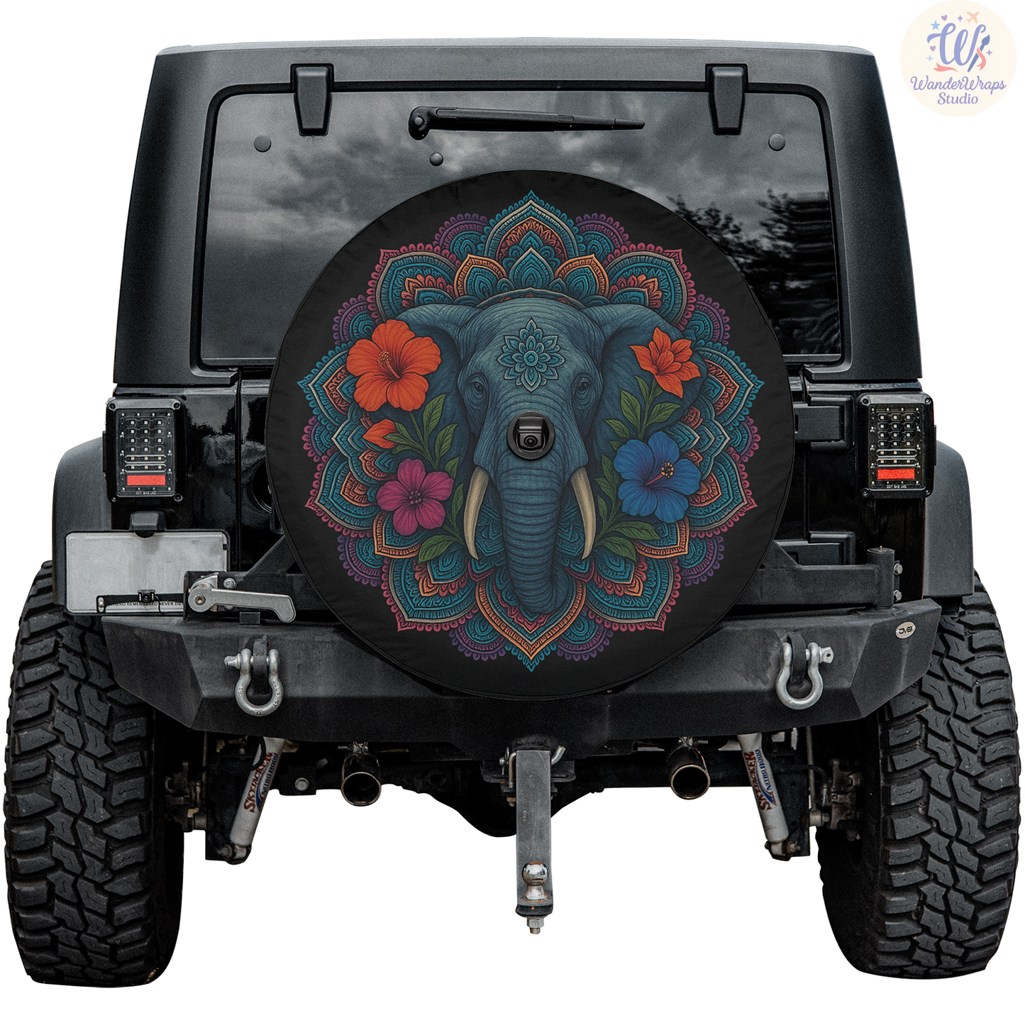 Elephant Mandala Spare Tire Cover – Waterproof UV Resistant Protector with Camera Hole